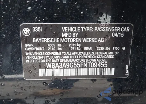 2015 BMW 335I z USA, uszkodzony, nr VIN WBA3A9G55FNT09455